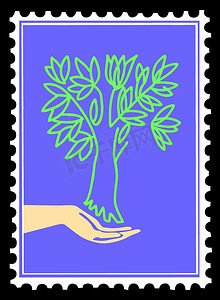 矢量创意树设计摄影照片_邮票上手上的矢量剪影树