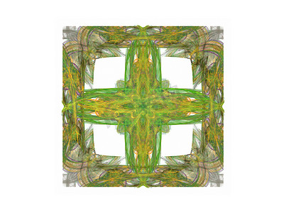 用绿色黄色抽象分形正方形进行 3D 渲染，内部有一个十字
