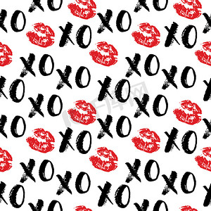 XOXO 毛笔字母标志无缝图案，Grunge calligraphiv c 拥抱和亲吻短语，互联网俚语缩写 XOXO 符号，在白色背景上隔离的矢量插图