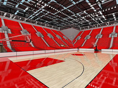 vip座椅摄影照片_带红色座椅和 VIP 包厢的漂亮现代篮球场