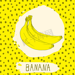 香蕉手绘素描水果与叶背景与圆点图案。