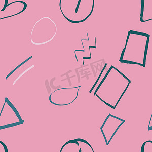 粉红色时尚无缝图案上的抽象几何形状与手绘纹理彩色背景。