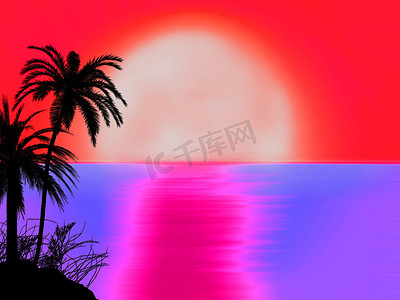 迈阿密 70 年代风格红色黄昏日落日出与树剪影生病