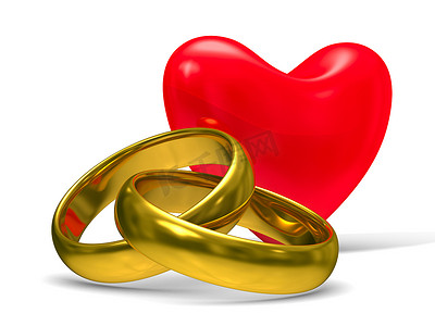 白色背景上的心和结婚戒指。