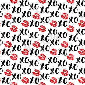 XOXO 毛笔字母标志无缝图案，Grunge calligraphiv c 拥抱和亲吻短语，互联网俚语缩写 XOXO 符号，在白色背景上隔离的矢量插图