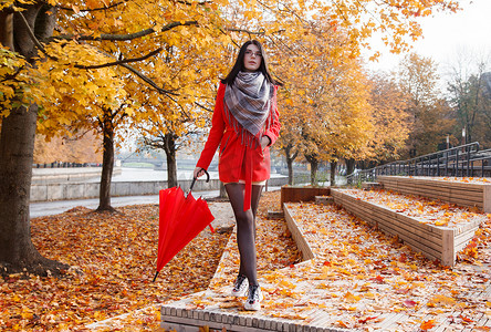 穿着红色外套、撑着雨伞站在巷子里的小女孩