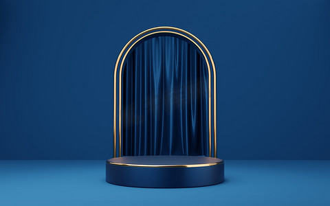 产品产品边框摄影照片_蓝色拱形和曲线上有金色边框的空蓝色圆柱形讲台