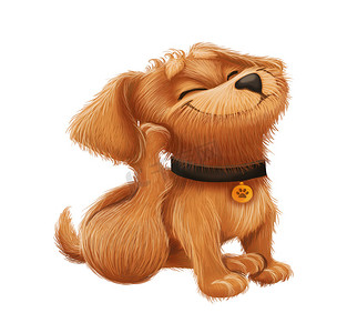 可爱的小毛茸茸的小狗-卡通动物角色吉祥物坐着抓挠