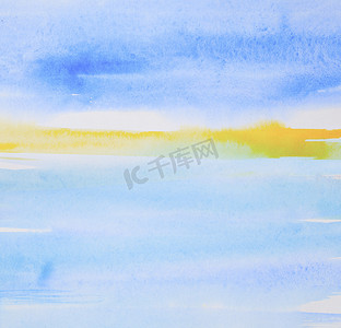 蓝色手手绘摄影照片_手绘水彩蓝天和太阳，抽象水彩画坝
