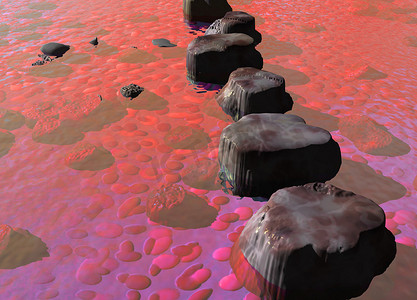 红色海洋河流场景中的一排垫脚石