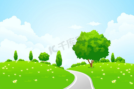 矢量山景摄影照片_与山树路和花的绿色风景