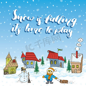 冬季手绘矢量图和小房子、雪人和带雪橇的孩子。