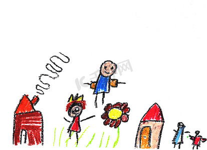 蜡笔儿童手绘房子、草地、五颜六色的花和幸福的家庭