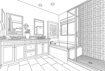 白色定制主浴室的详细绘图