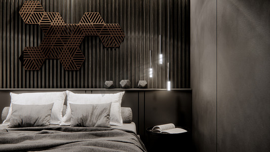 现代黑色卧室的内部，3D 渲染背景