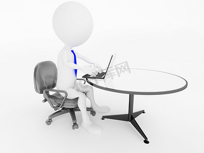 3d 商人角色坐在办公椅上，笔记本电脑在