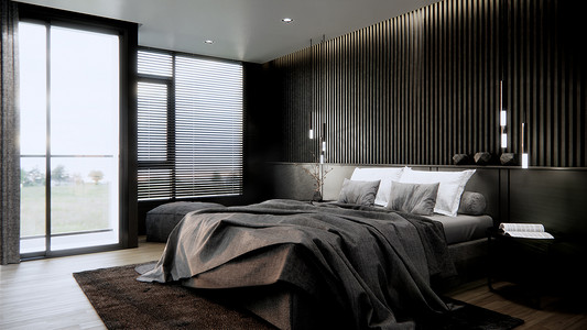 黑色现代卧室室内设计与家具，3d 渲染背景