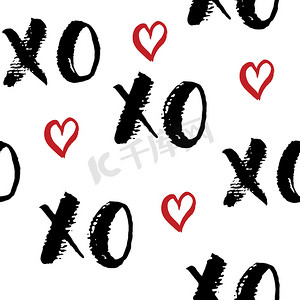 XOXO 毛笔字母标志无缝图案，Grunge calligraphiv c 拥抱和亲吻短语，互联网俚语缩写 XOXO 符号，在白色背景上隔离的矢量插图