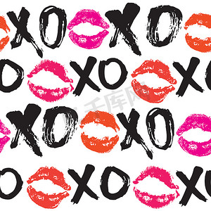XOXO 毛笔字母标志无缝图案，Grunge 书法拥抱和亲吻短语，互联网俚语缩写 XOXO 符号，在白色背景上隔离的矢量插图