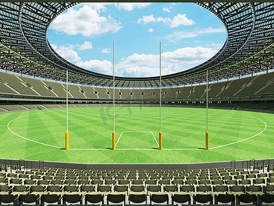 美丽的现代圆形澳式足球场，配有橄榄绿灰色座椅和贵宾包厢