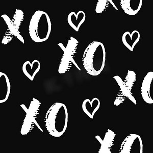 XOXO 毛笔字母标志无缝图案，Grunge calligraphiv c 拥抱和亲吻短语，互联网俚语缩写 XOXO 符号，矢量图