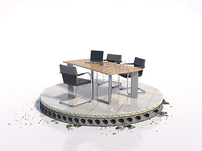 一个概念性项目，其中办公楼的地板被切割成一个圆圈，还有一张办公桌，3d 渲染图