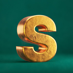 金色字母摄影照片_潮水绿色背景上的 Fortuna 金色字母 S 大写。