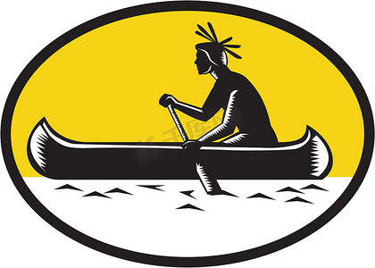 美国原住民印第安人划独木舟木刻