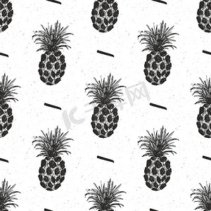 水果矢量图摄影照片_菠萝手绘无缝图案，水果背景矢量图。