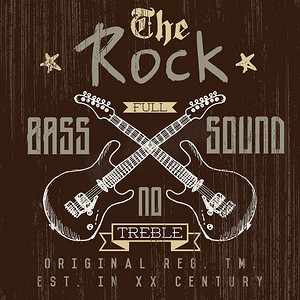 T 恤印刷设计、排版图形、The Rock 全低音声音矢量插图和 grunge 交叉吉他手绘草图。