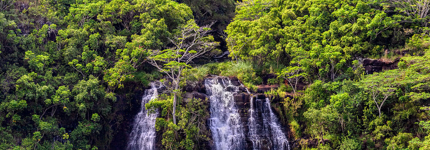 夏威夷图摄影照片_夏威夷考艾岛 Opaekaa 瀑布的美丽全景。