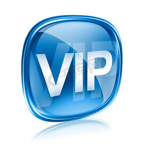 VIP 图标蓝色玻璃，孤立在白色背景上。