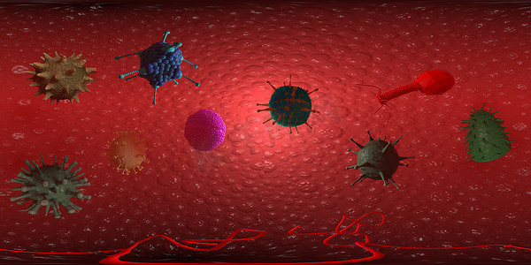 3d 渲染显微镜病毒-细菌关闭。