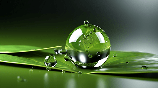 绿色简约插画摄影照片_绿色叶子水滴插画