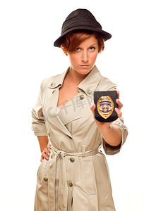 女侦探在白色风衣上有官方徽章