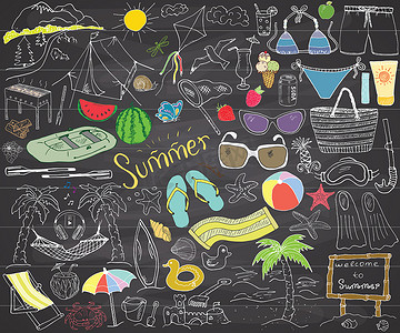 手绘海滩背景元素摄影照片_夏季涂鸦元素。