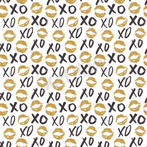 XOXO 毛笔字母标志无缝图案，Grunge 书法拥抱和亲吻短语，互联网俚语缩写 XOXO 符号，矢量图