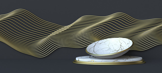 具有金色线条波浪和大理石盘 3D 的抽象背景