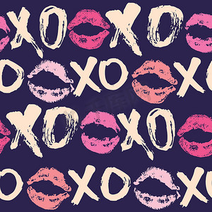 XOXO 毛笔字母标志无缝图案，Grunge 书法拥抱和亲吻短语，互联网俚语缩写 XOXO 符号，在白色背景上隔离的矢量插图