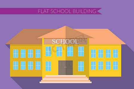 学校建筑图标集的平面设计现代矢量插图，颜色背景上有长长的阴影