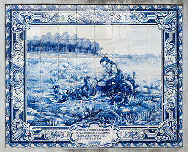 传统葡萄牙瓷砖面板手绘蓝色和白色