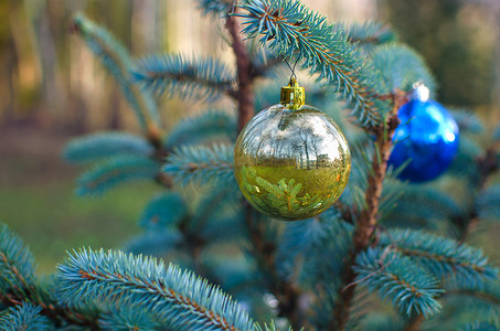有圣诞球、雪花和云杉树枝的冷杉树枝。