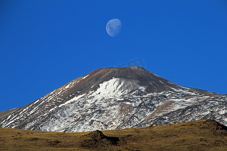 白雪覆盖的特罗门火山，满月，阿根廷