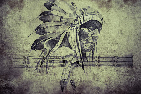美国印第安部落首领战士纹身素描