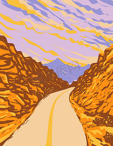 冲海报摄影照片_美国内华达州红岩峡谷国家保护区与道路 WPA 海报艺术