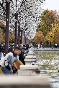 双12侧边栏摄影照片_西班牙马德里 — 2022年11月13日：秋冬季节雷蒂罗公园大池塘或湖泊的美丽侧边