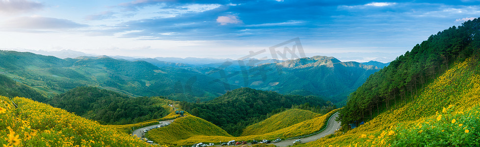 全景山林和花田。