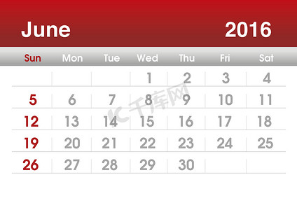 2016 年日历。2016 年 6 月的规划日历。