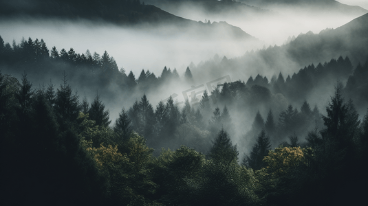 布满了浓雾的树木的森林