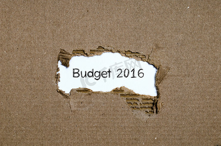 预算控制摄影照片_出现在撕纸后面的 2016 年预算一词